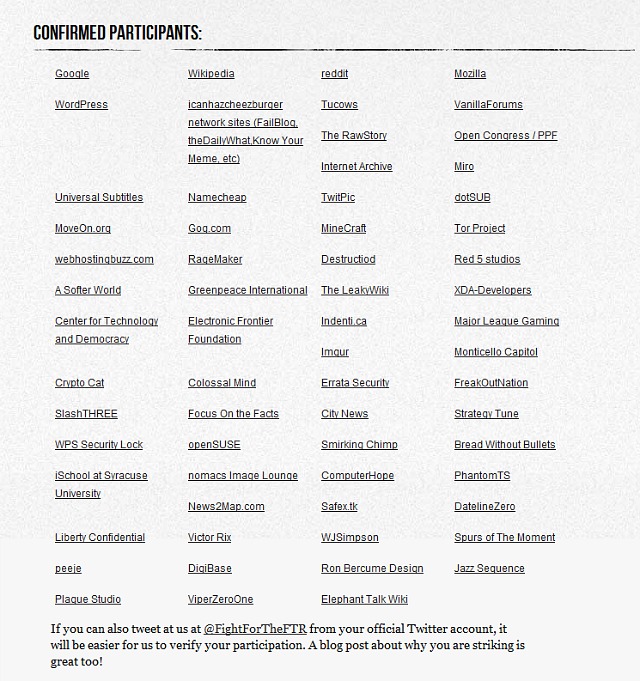 List of some big websites which are dark to protest SOPA on Wednesday