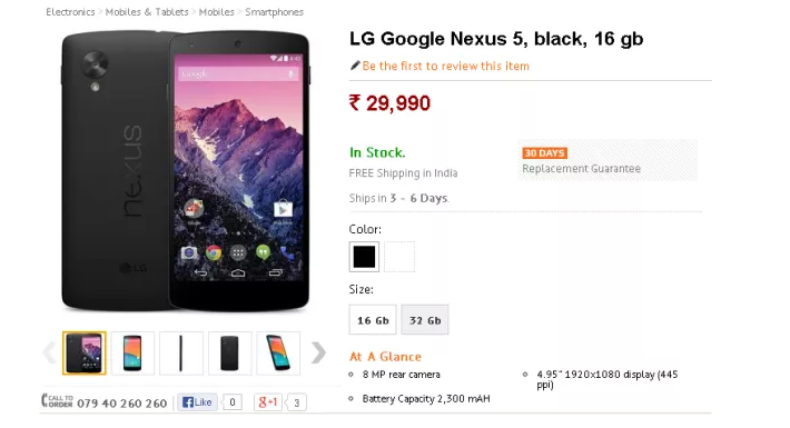 Nexus 5 is Now Available In India Online for Rs. 29,990