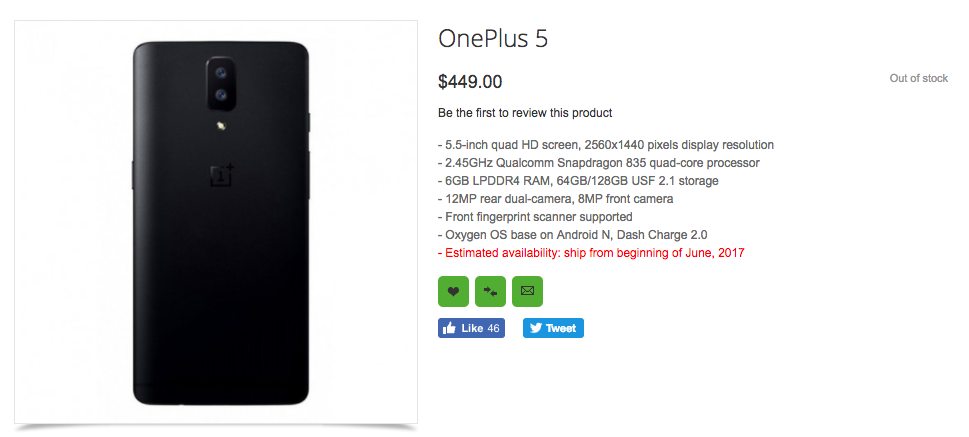 A Retailer Listed OnePlus 5 With Specs and Price