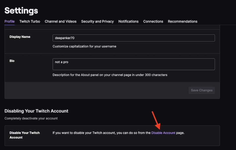 Disable Twitch account