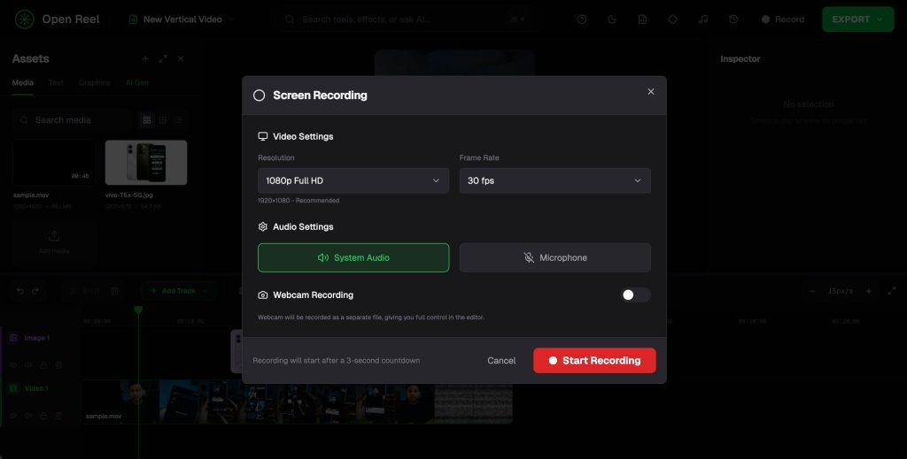 Built-in Screen Recording and webcam support