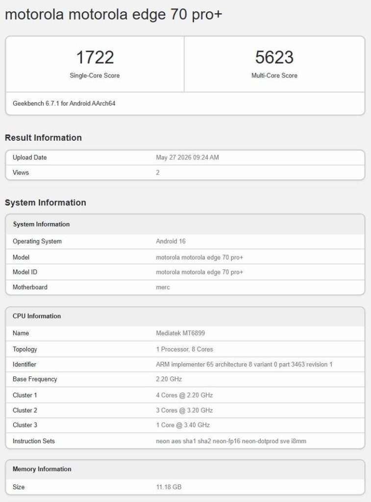 Motorola Edge 70 Pro+ Appears on Geekbench